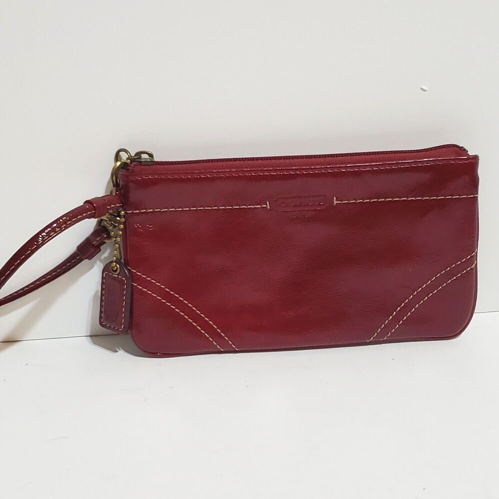 Coach Patent Leather Zip Top Wristlet Wallet Pouch Burgundy Red Color Bronze Hdw